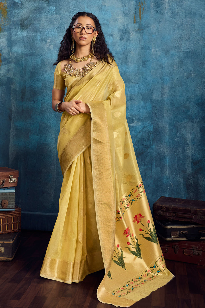 Awesome Weaving Work On Yellow Color Tissue Saree | Buy Online India