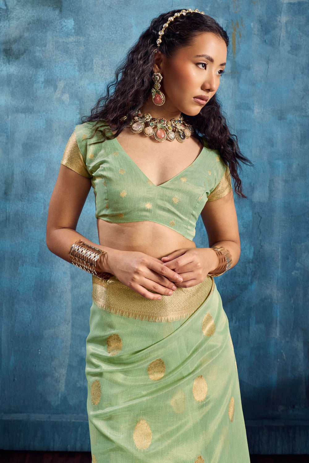 Tempting Sea Green Color Tissue Saree With Weaving Work | Buy Online India