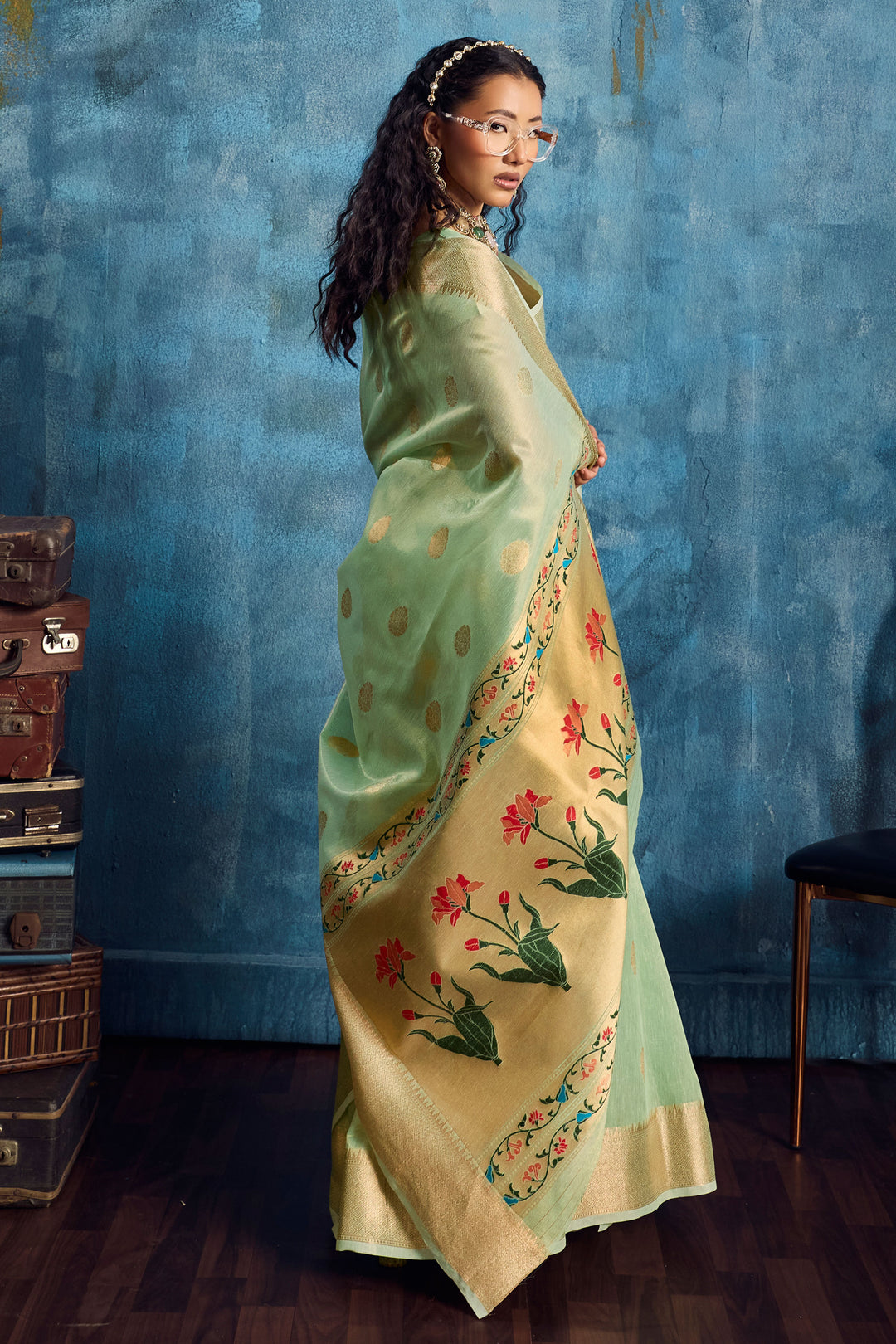 Tempting Sea Green Color Tissue Saree With Weaving Work | Buy Online India