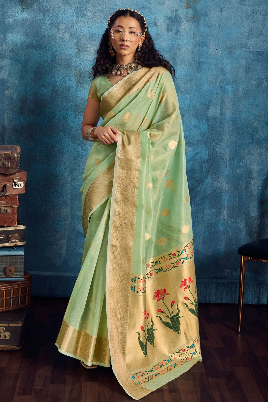 Tempting Sea Green Color Tissue Saree With Weaving Work | Buy Online India