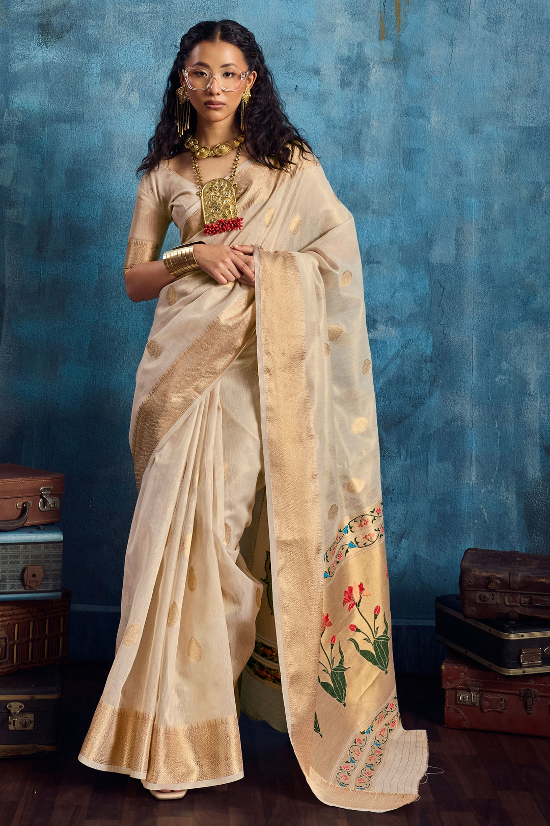 Engaging Beige Color Tissue Saree With Weaving Work | Buy Online India
