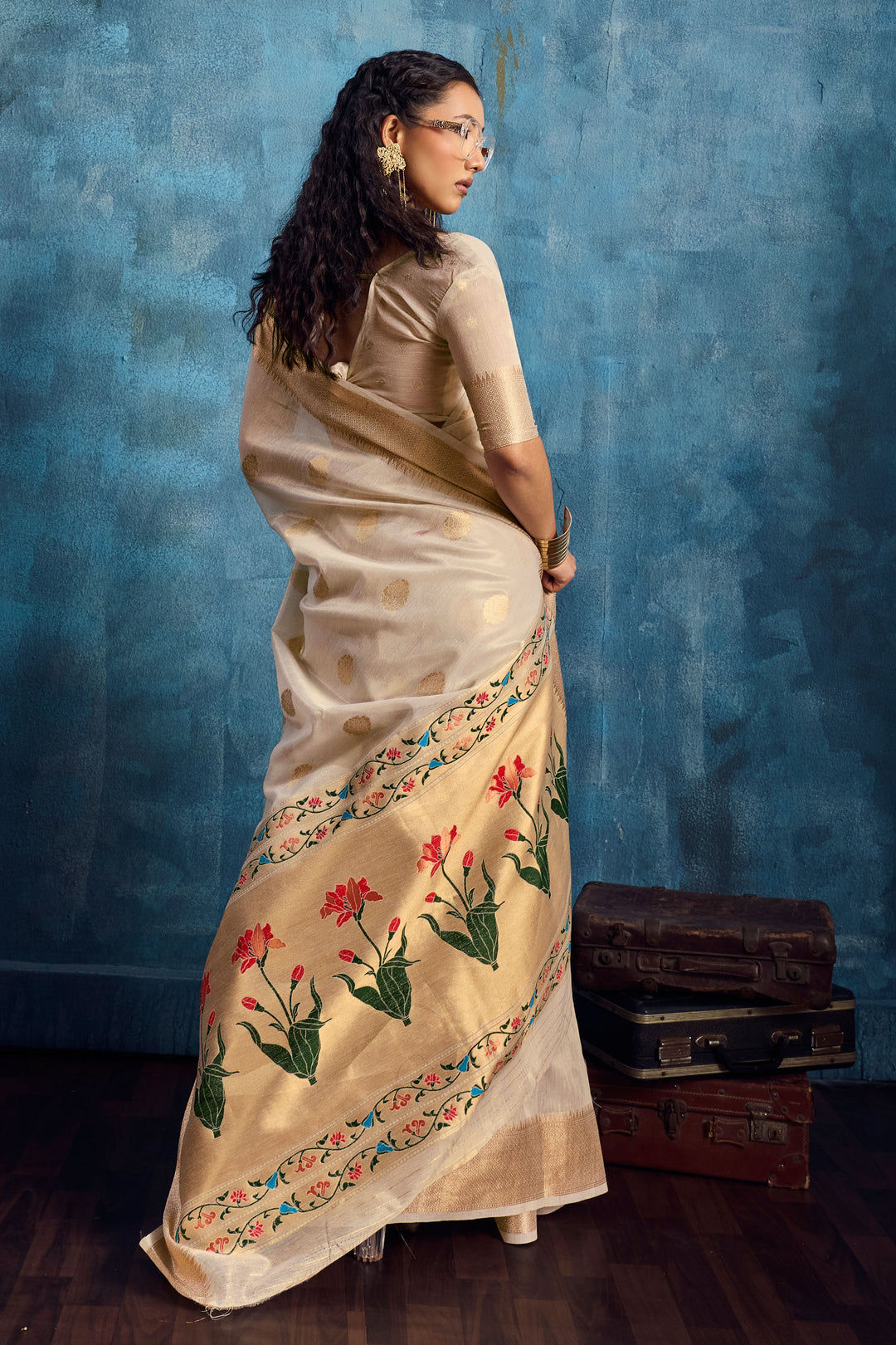 Engaging Beige Color Tissue Saree With Weaving Work | Buy Online India