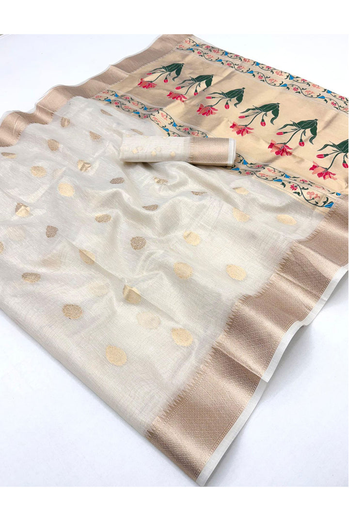 Engaging Beige Color Tissue Saree With Weaving Work | Buy Online India