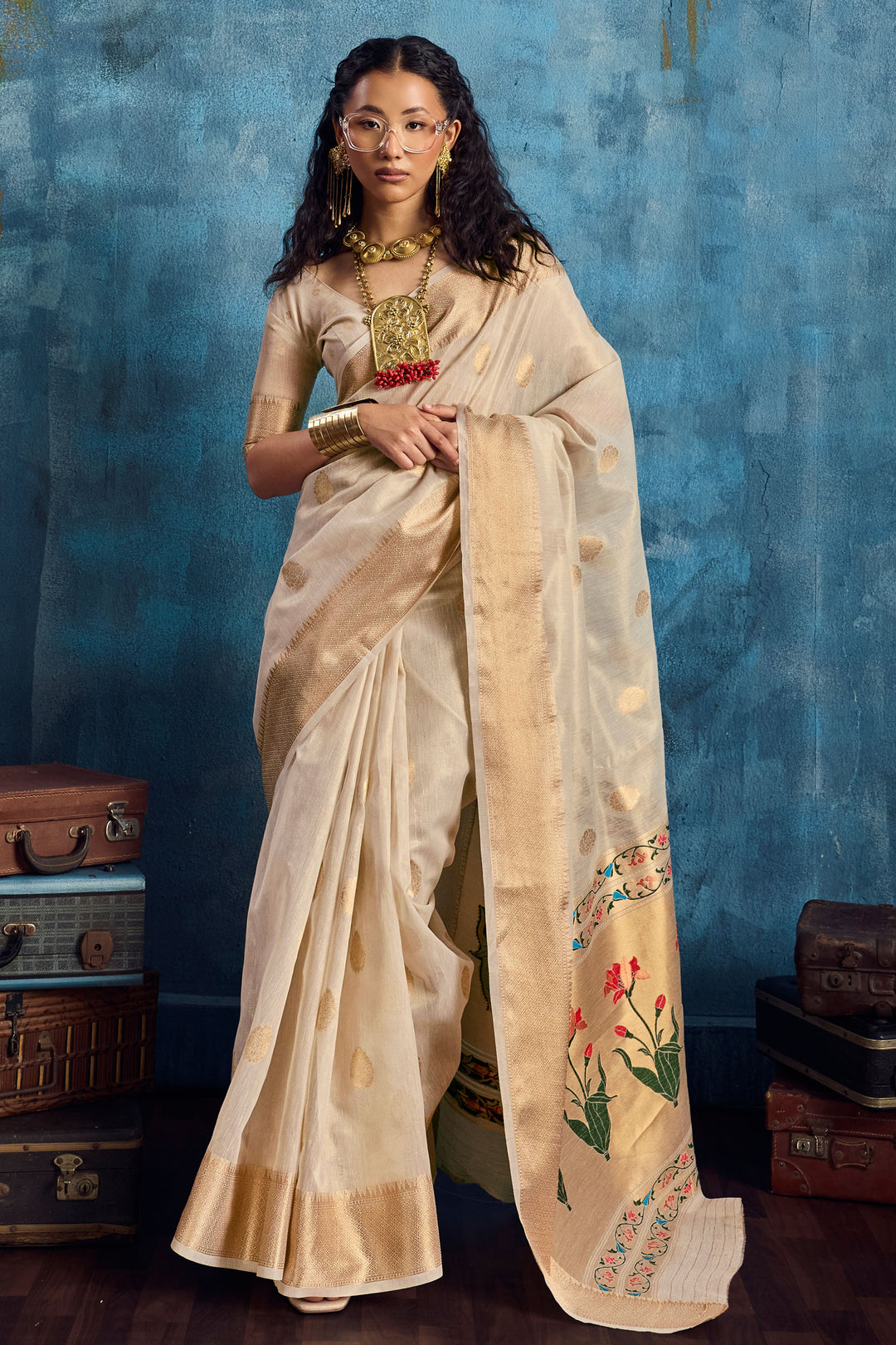 Engaging Beige Color Tissue Saree With Weaving Work | Buy Online India