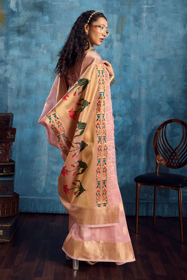 Weaving Work On Pink Color Gorgeous Tissue Saree | Buy Online India