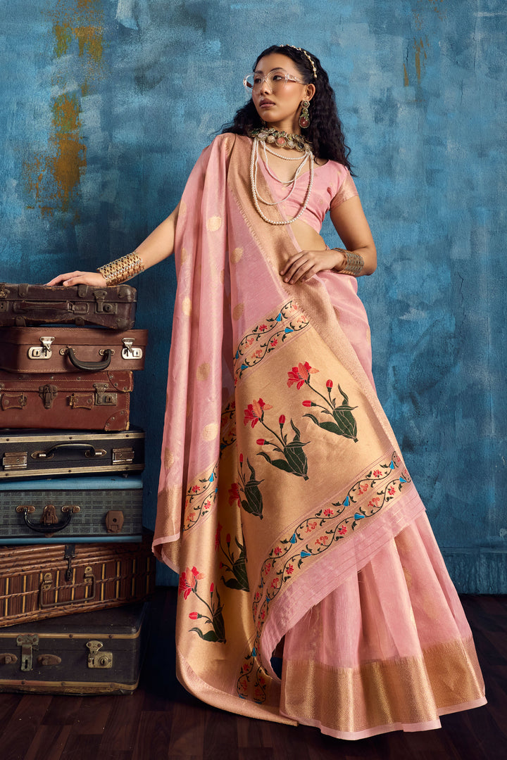Weaving Work On Pink Color Gorgeous Tissue Saree | Buy Online India