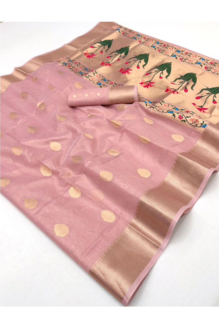 Weaving Work On Pink Color Gorgeous Tissue Saree | Buy Online India
