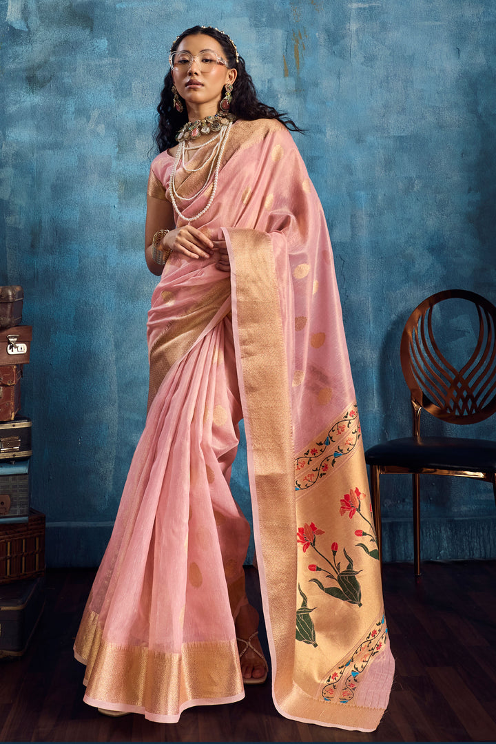 Weaving Work On Pink Color Gorgeous Tissue Saree | Buy Online India