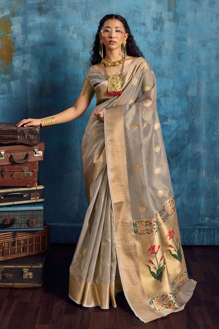 Grey Color Trendy Weaving Work Tissue Saree | Buy Online India