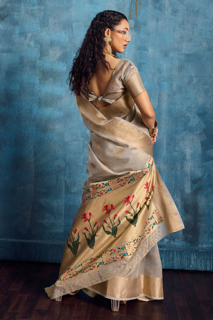 Grey Color Trendy Weaving Work Tissue Saree | Buy Online India