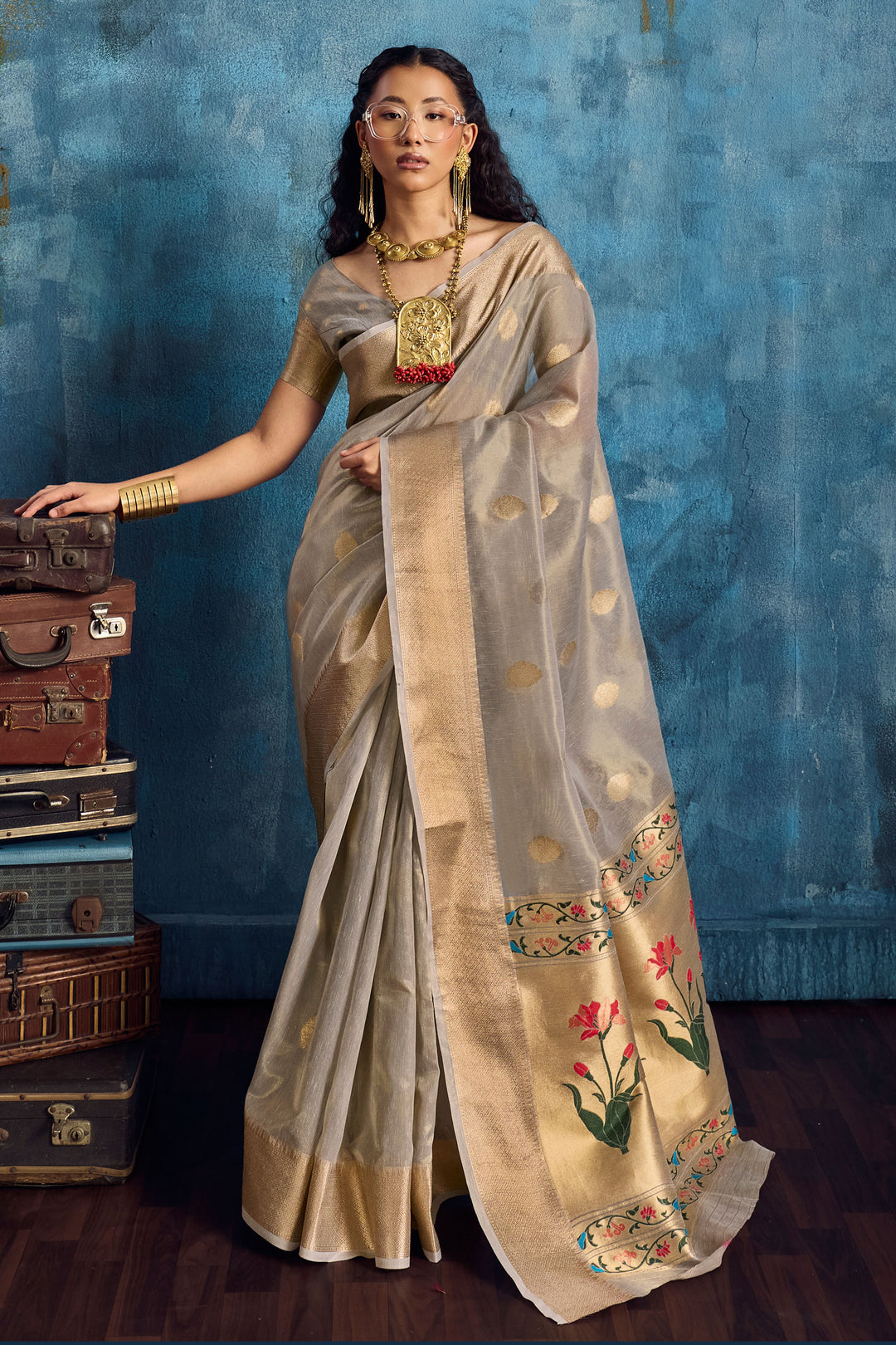 Grey Color Trendy Weaving Work Tissue Saree | Buy Online India