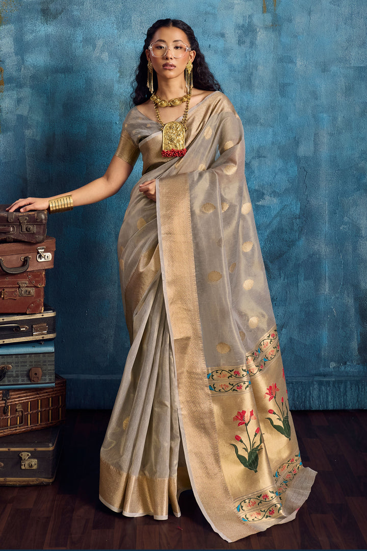 Grey Color Trendy Weaving Work Tissue Saree | Buy Online India