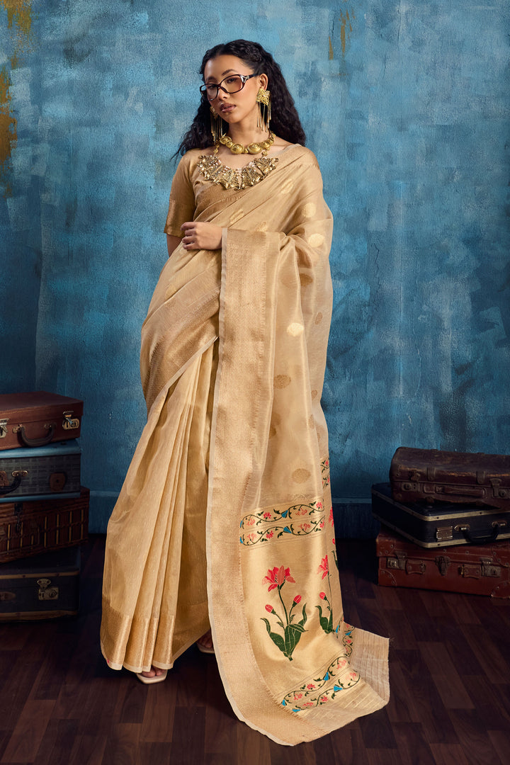 Weaving Work On Glamorous Tissue Saree In Cream Color | Buy Online India