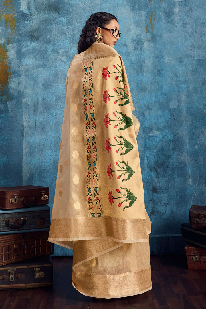 Weaving Work On Glamorous Tissue Saree In Cream Color | Buy Online India