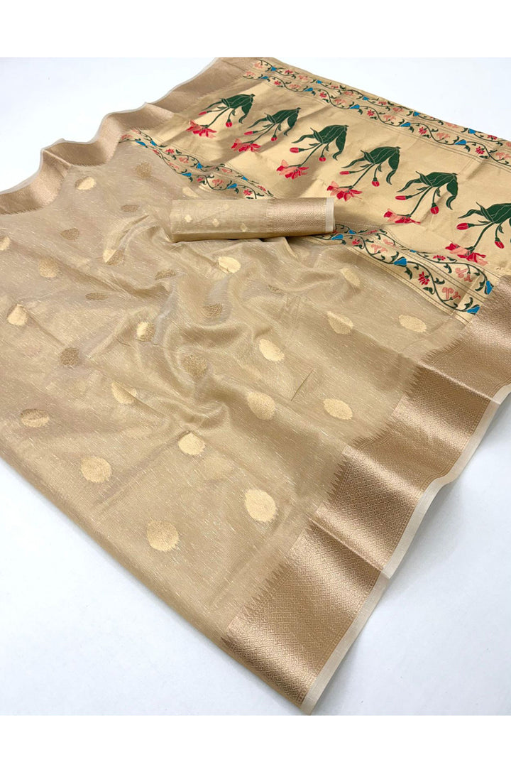 Weaving Work On Glamorous Tissue Saree In Cream Color | Buy Online India