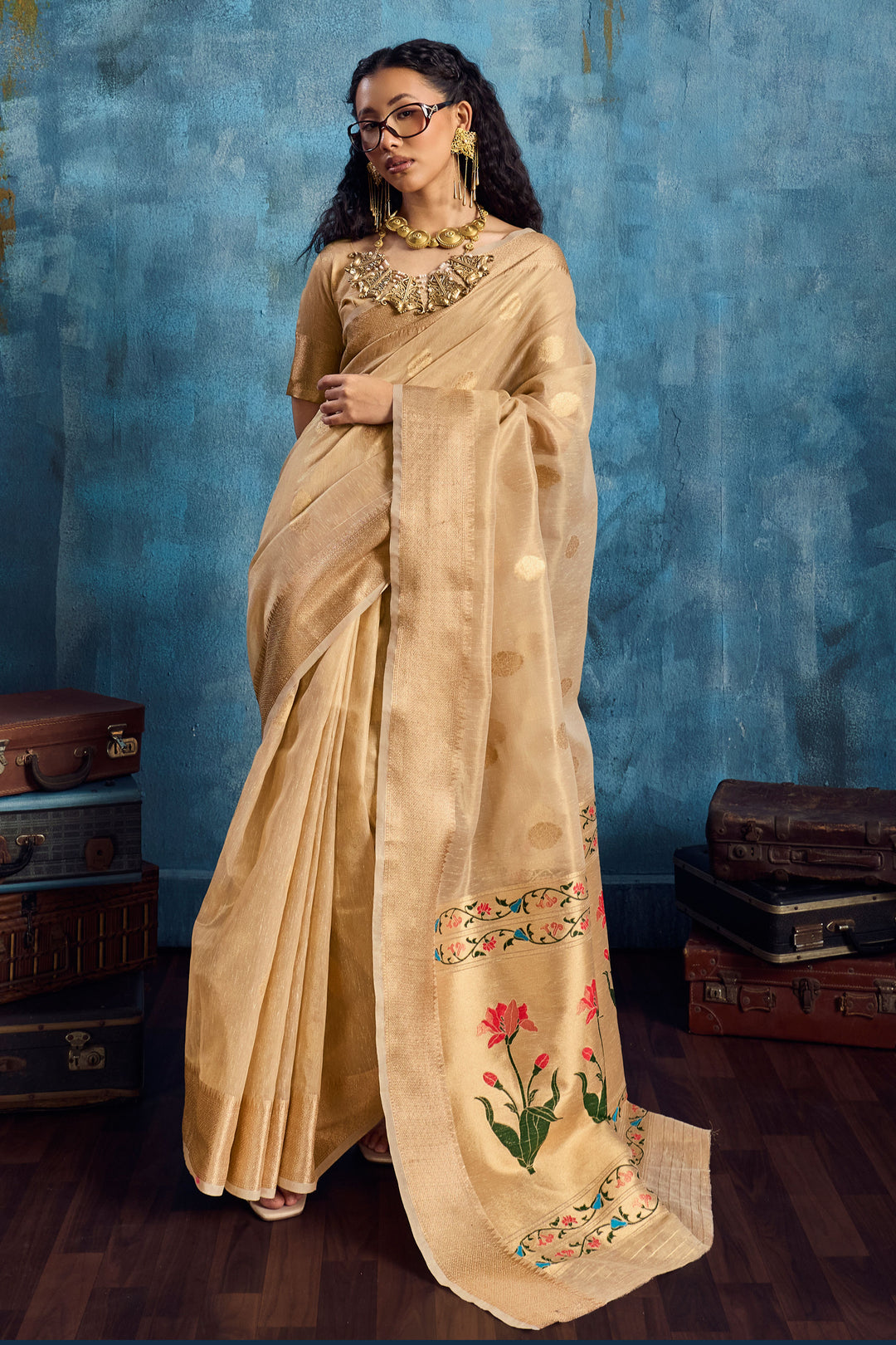 Weaving Work On Glamorous Tissue Saree In Cream Color | Buy Online India