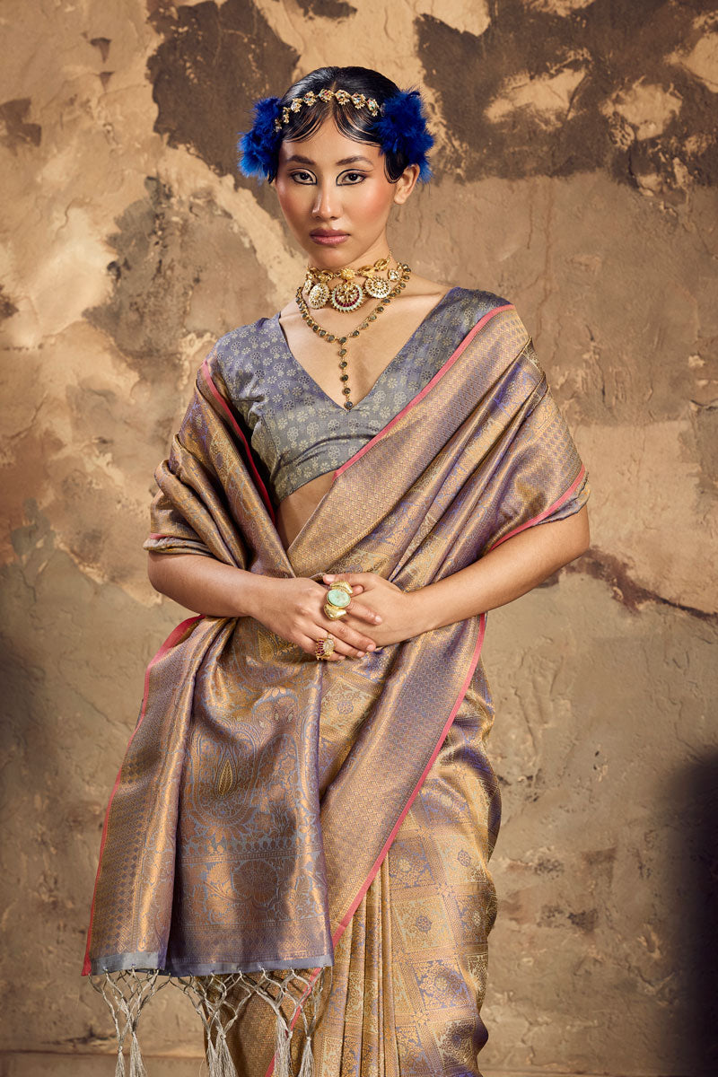 Awesome Handloom Weaving On Grey Silk Saree