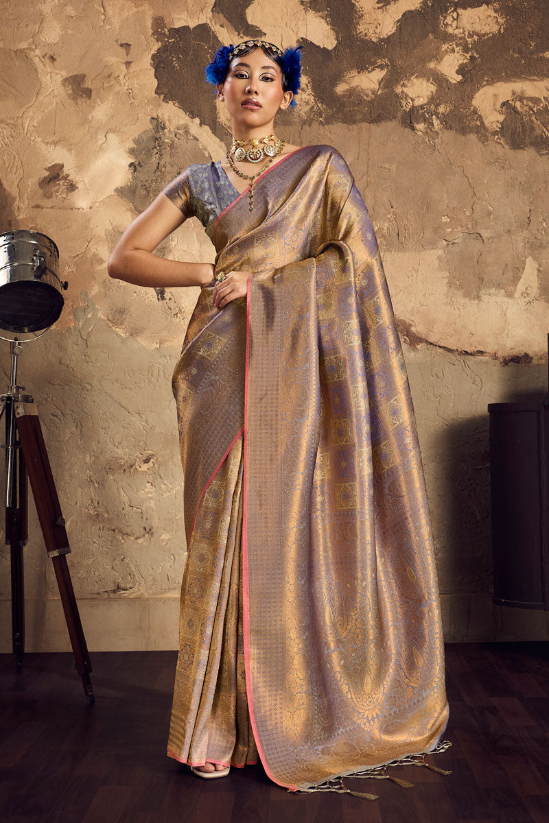 Awesome Handloom Weaving On Grey Silk Saree