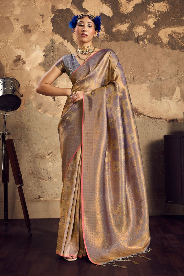 Awesome Handloom Weaving On Grey Silk Saree