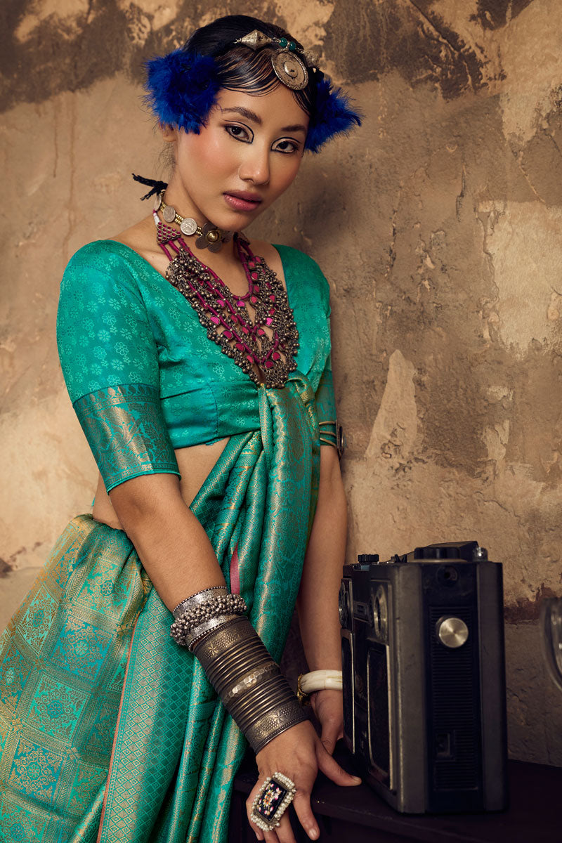 Tempting Sea Green Handloom Weaving Silk Saree | Buy Online India