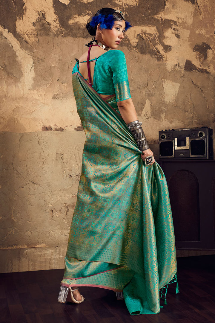 Tempting Sea Green Handloom Weaving Silk Saree | Buy Online India
