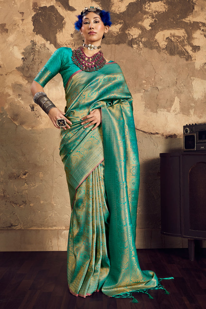 Tempting Sea Green Handloom Weaving Silk Saree | Buy Online India