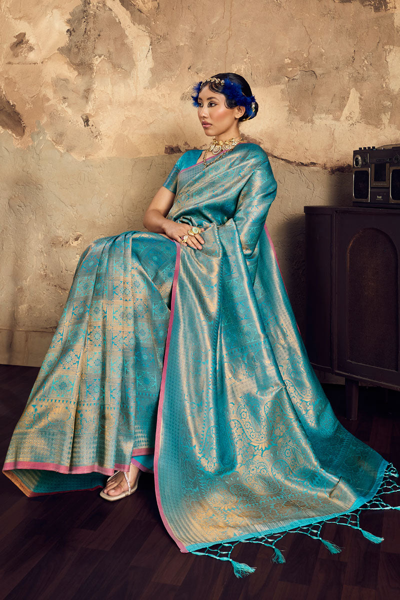 Handloom Weaving On Cyan Color Gorgeous Silk Saree