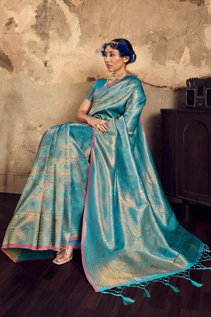 Handloom Weaving On Cyan Color Gorgeous Silk Saree