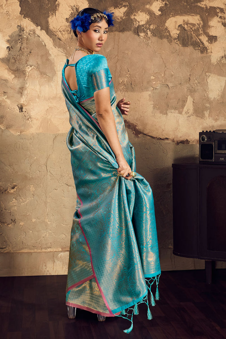 Handloom Weaving On Cyan Color Gorgeous Silk Saree