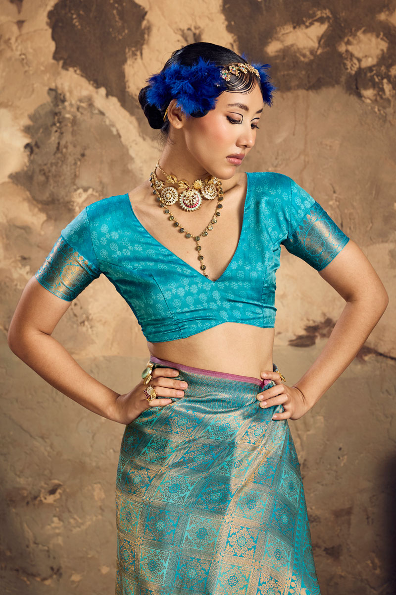 Handloom Weaving On Cyan Color Gorgeous Silk Saree