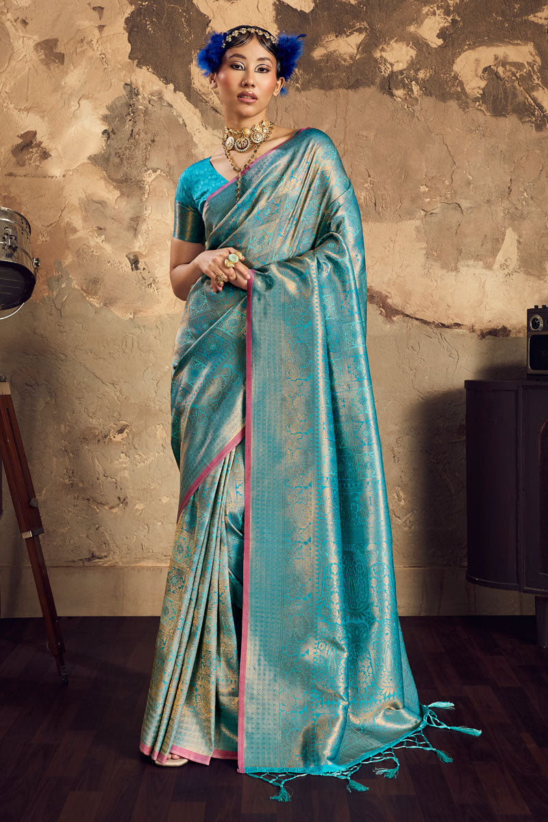 Handloom Weaving On Cyan Color Gorgeous Silk Saree