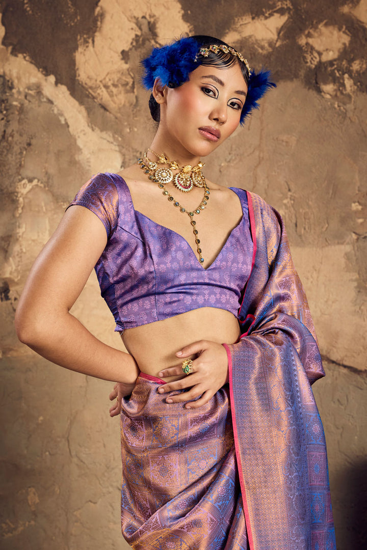 Purple Silk Saree With Handloom Weaving Work