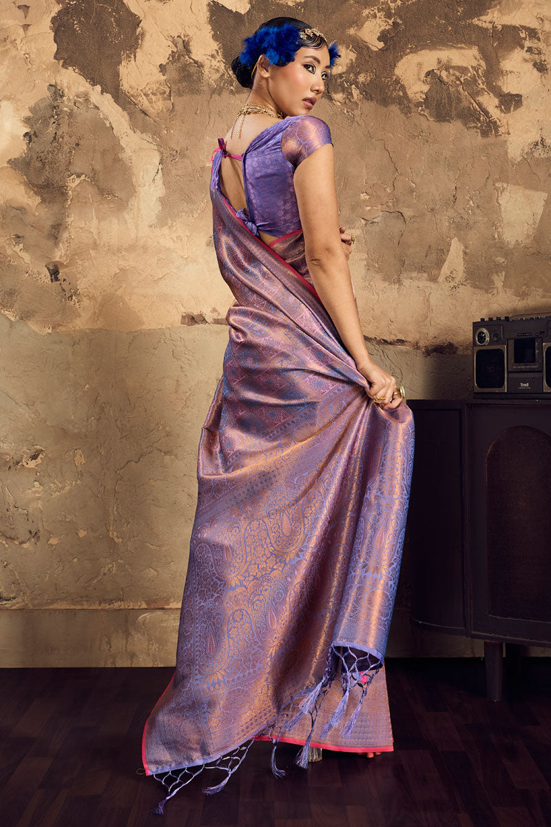 Purple Silk Saree With Handloom Weaving Work