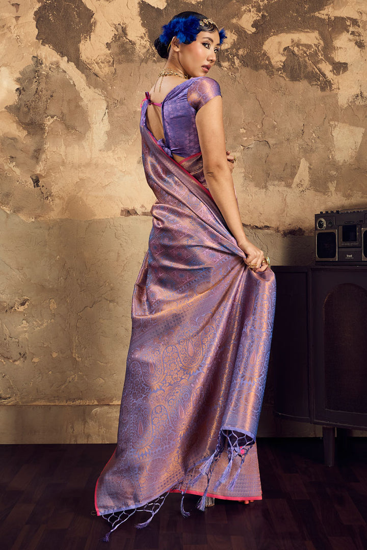 Purple Silk Saree With Handloom Weaving Work