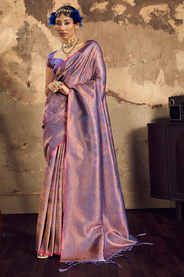 Purple Silk Saree With Handloom Weaving Work