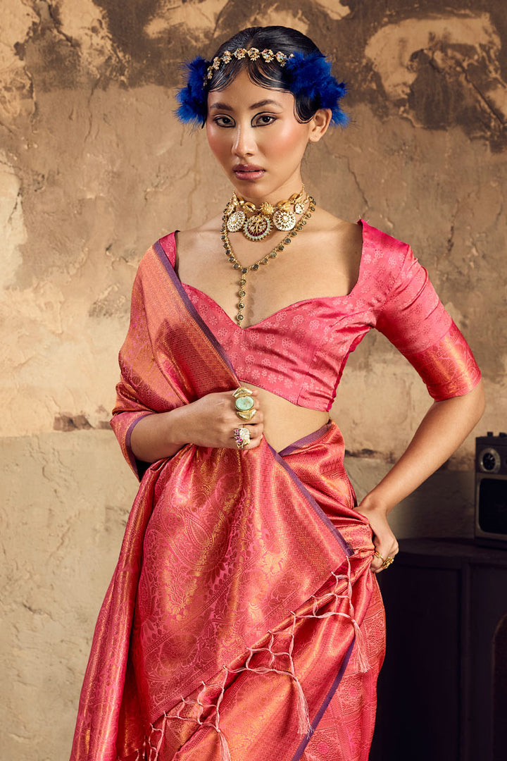 Handloom Weaving On Glamorous Silk Saree In Peach Color