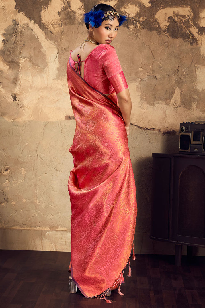Handloom Weaving On Glamorous Silk Saree In Peach Color