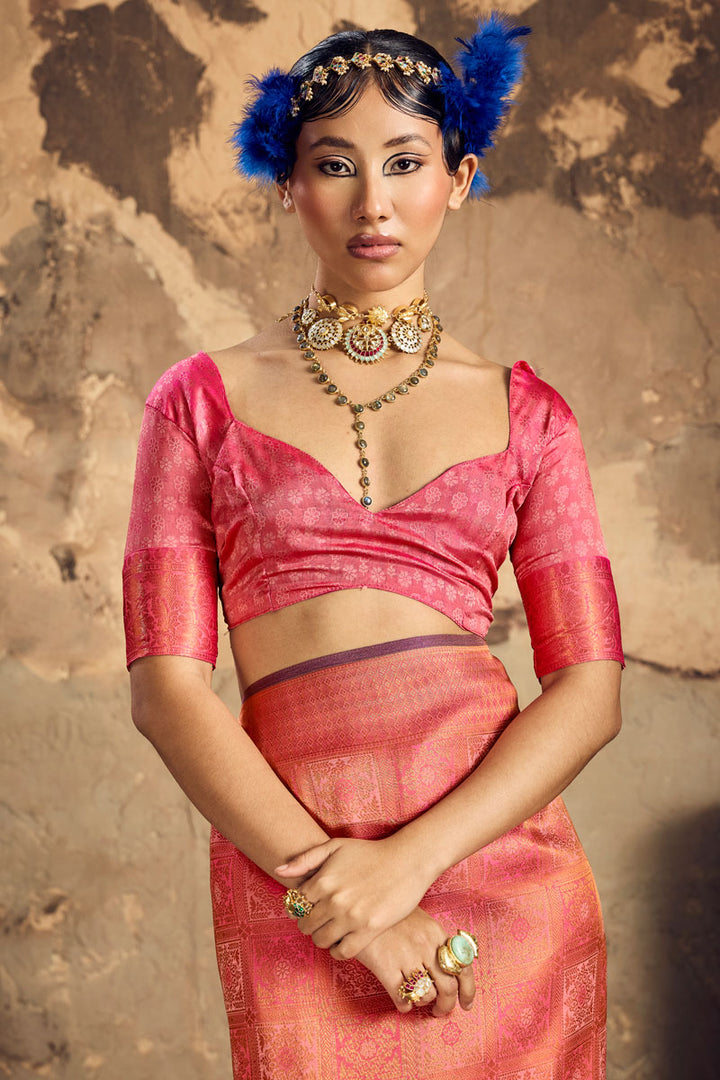 Handloom Weaving On Glamorous Silk Saree In Peach Color