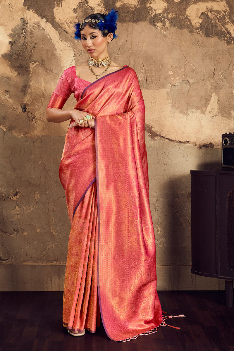 Handloom Weaving On Glamorous Silk Saree In Peach Color