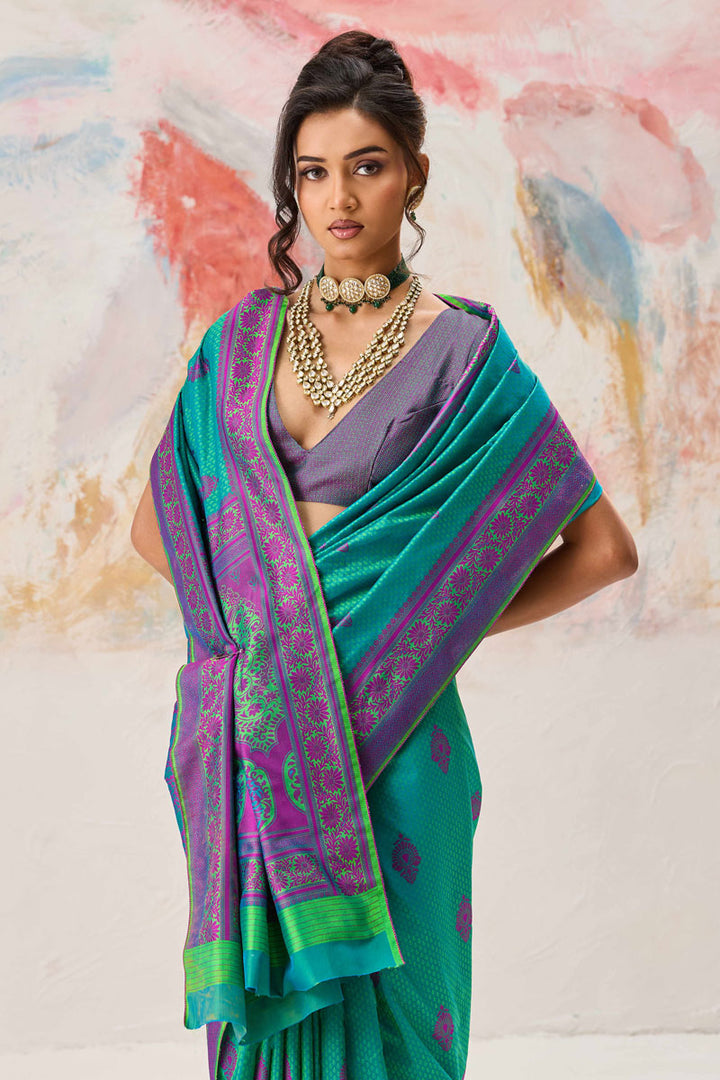 Kanjivaram Silk Weaving Work On Sea Green Saree