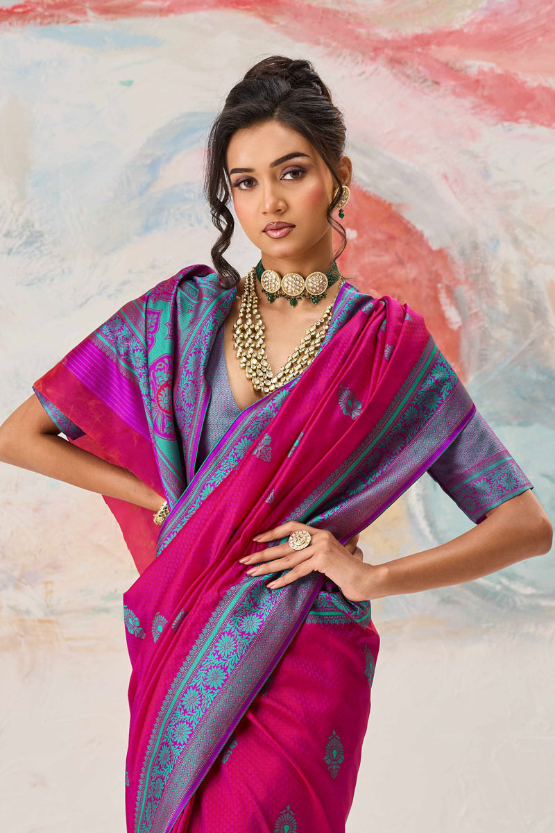 Trendy Kanjivaram Silk Weaving Work Rani Color Saree