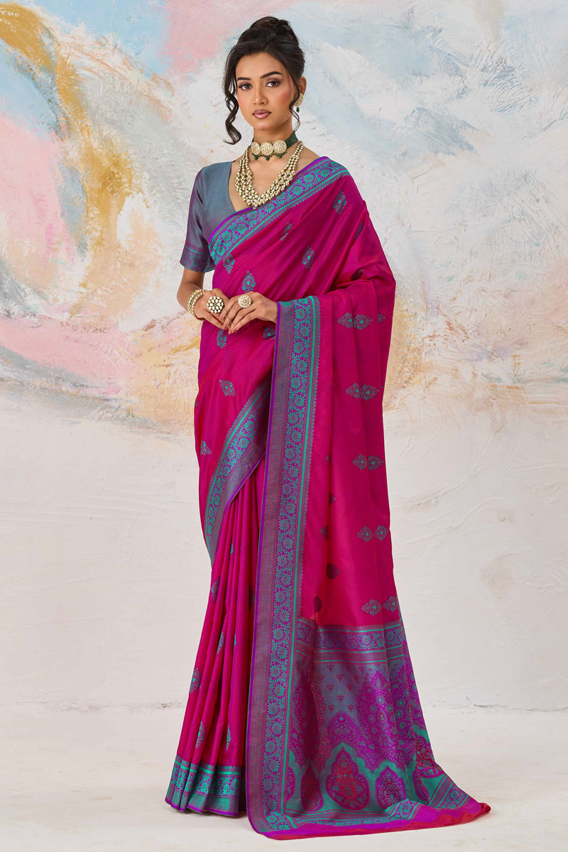 Trendy Kanjivaram Silk Weaving Work Rani Color Saree