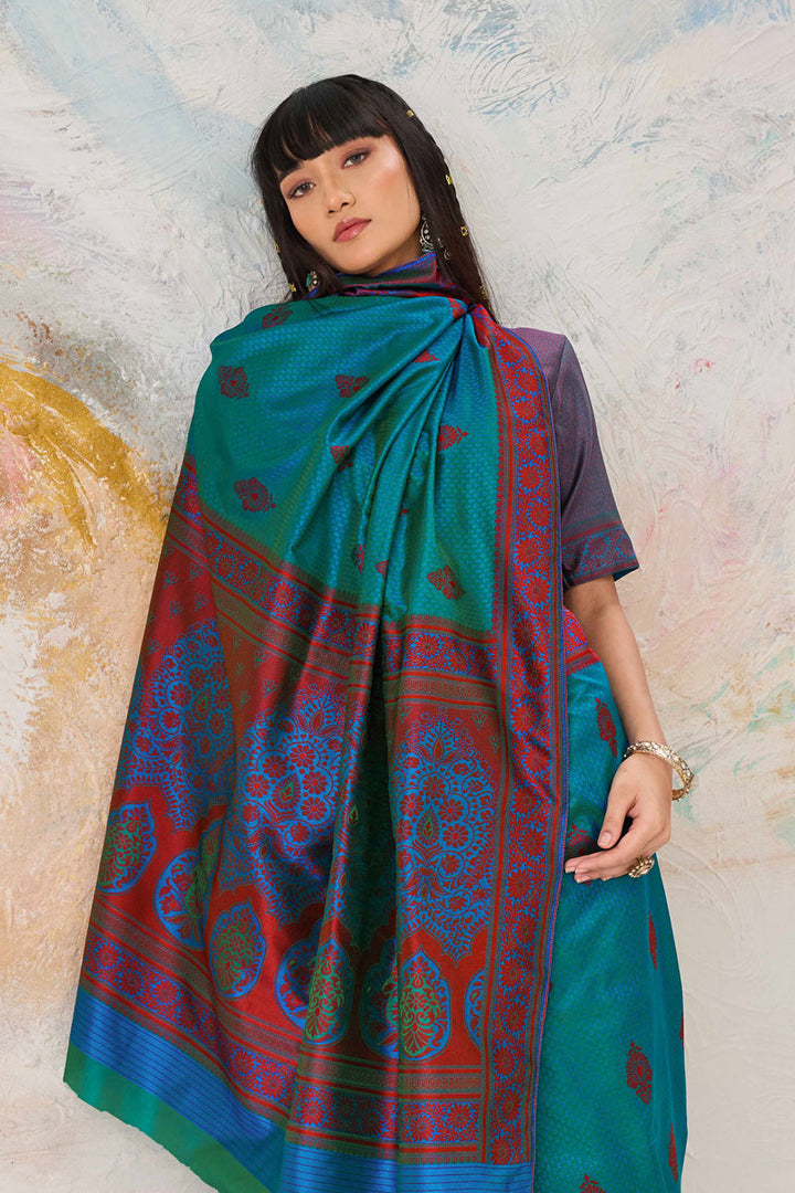 Weaving Work On Teal Color Kanjivaram Silk Saree
