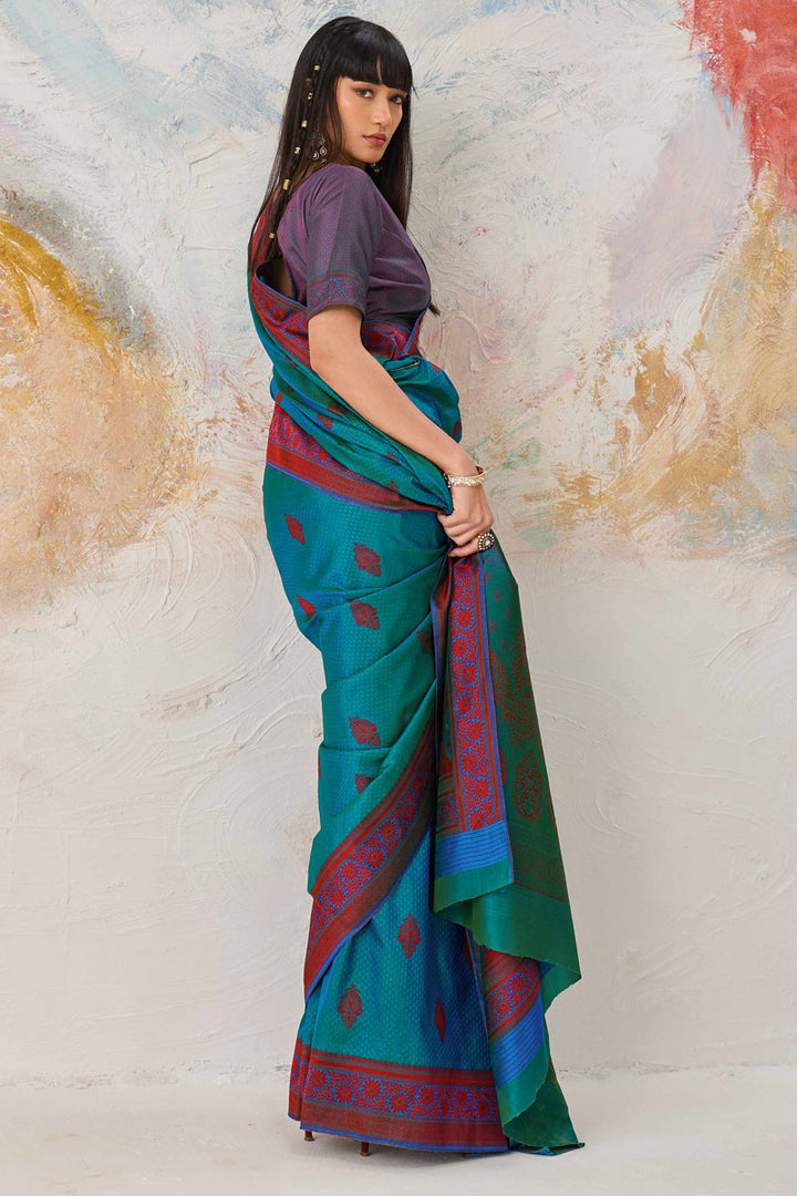 Weaving Work On Teal Color Kanjivaram Silk Saree