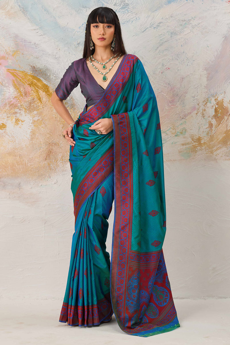 Weaving Work On Teal Color Kanjivaram Silk Saree