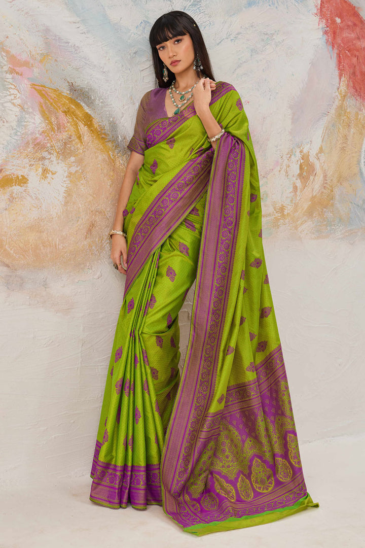 Kanjivaram Silk Green Weaving Work Saree | Buy Online India