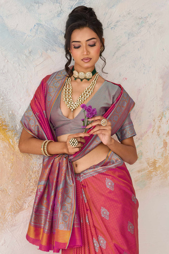 Attractive Kanjivaram Silk Pink Color Saree For Function | Buy Online India