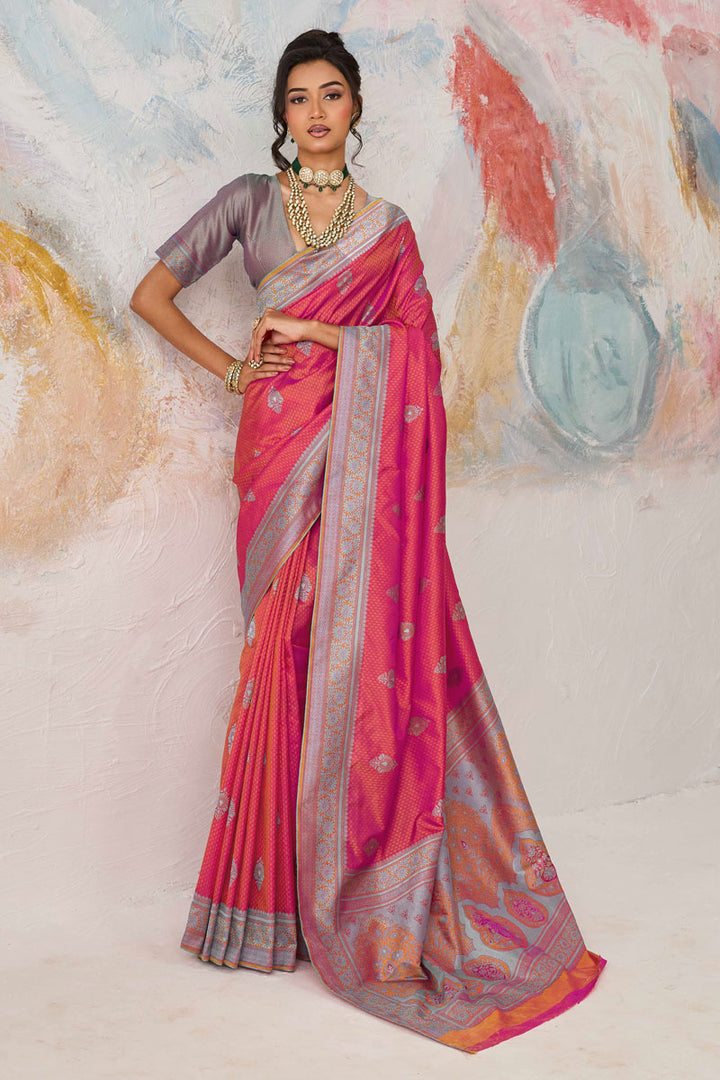 Attractive Kanjivaram Silk Pink Color Saree For Function | Buy Online India