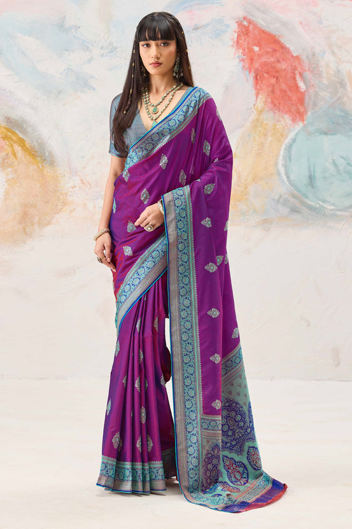 Kanjivaram Silk Weaving Work Purple Color Amazing Saree