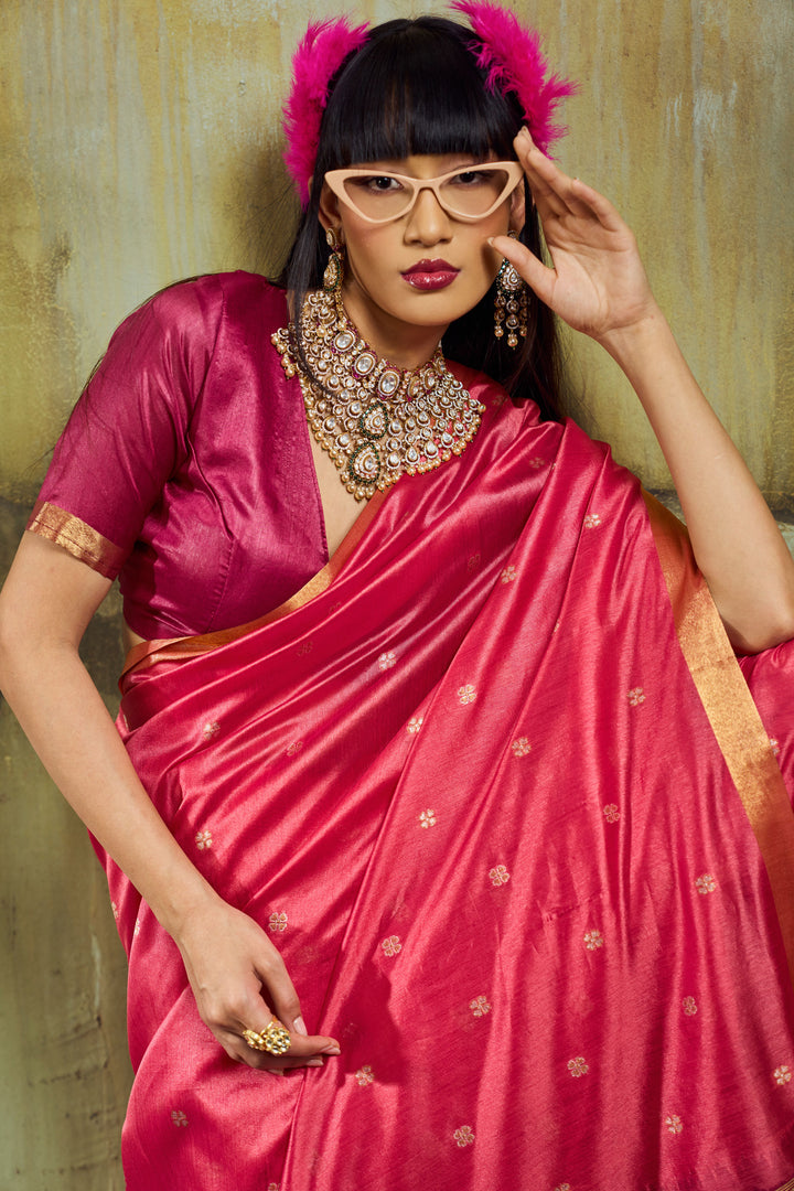 Pink Handloom Weaving Tussar Silk Saree